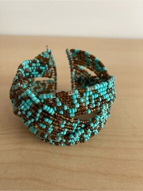 Turquoise and Brown Woven Seed-Bead Cuff Bracelet